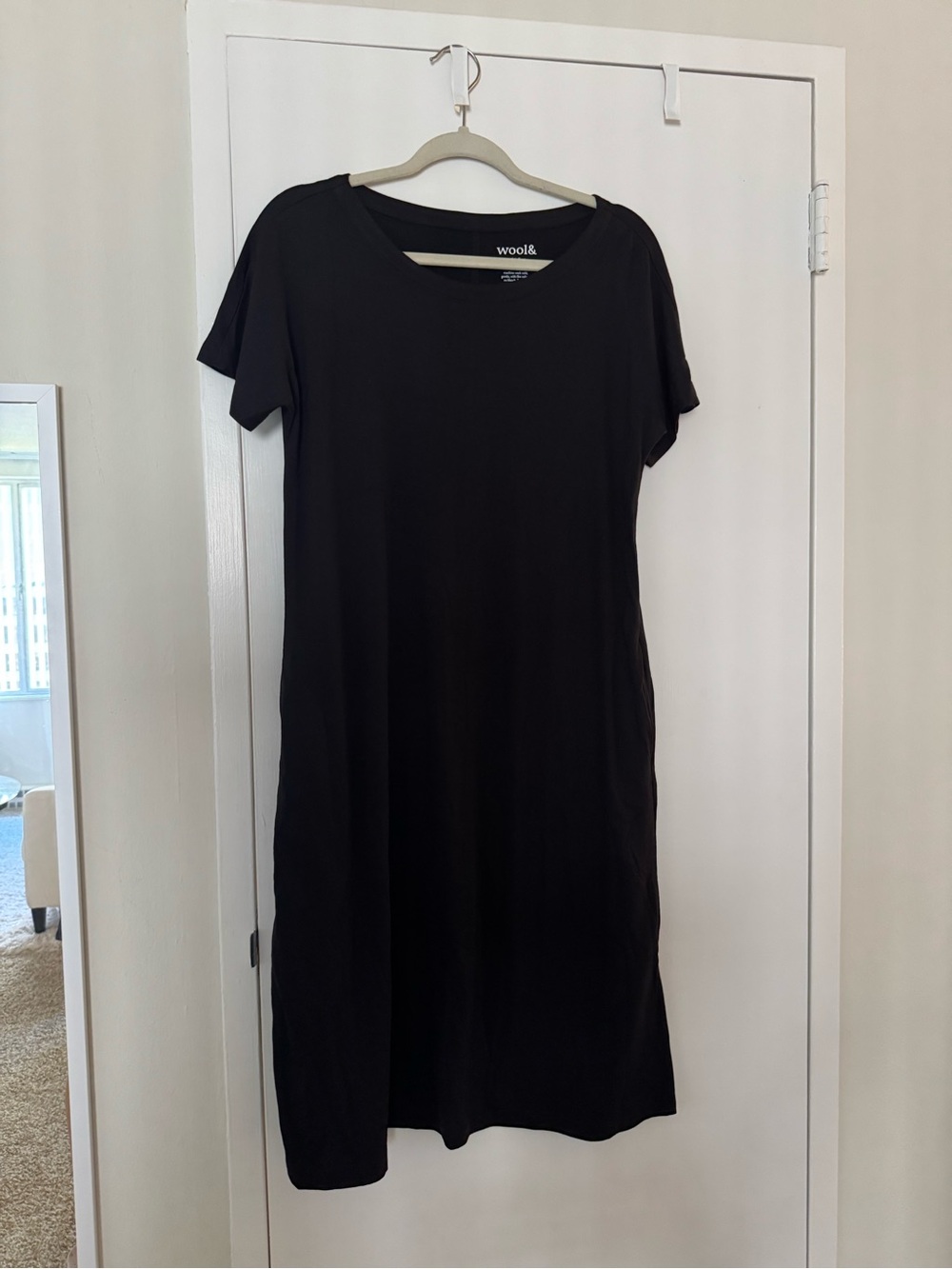 Wool& Cora Shift Dress - Black Short Sleeve Belted Midi Dress Size M - Picture 2 of 7